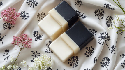 Handmade traditional Japanese sushi rolls served as organic food on natural wood with white flowers for a wellness and beauty spa experience