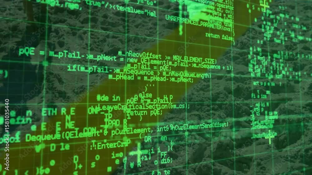 Poster digital interface launching on rock base, and causing scrolling code blocks showing tech processes