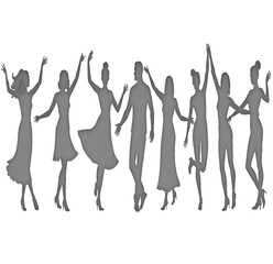 silhouettes of dancing people with white background.




