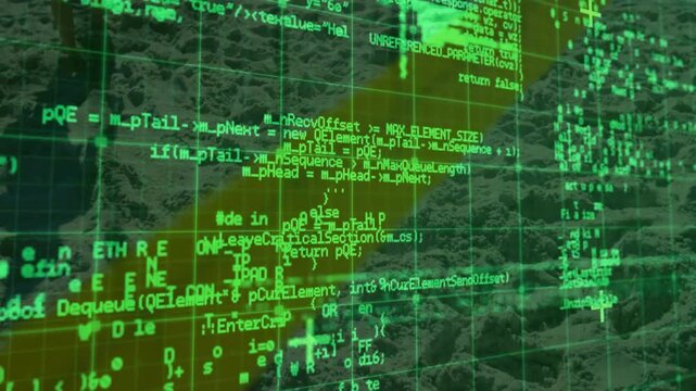 Digital interface launching on rock base, and causing scrolling code blocks showing tech processes