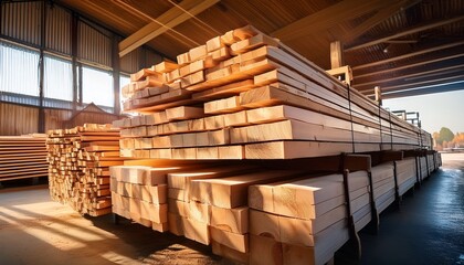 freshly cut timber beams stacked neatly at a sawmill