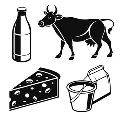 Black and white dairy product icons milk cheese