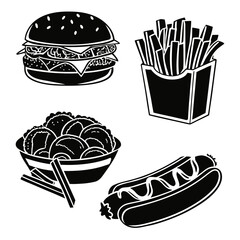 Black and white silhouettes of fast food items burger