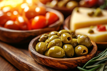 A gourmet dish of fresh organic green and black olives served in a glass bowl makes a healthy Mediterranean appetizer or vegetarian snack for a Greek salad diet