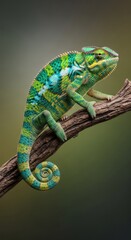 Obraz premium Panther Chameleon on Branch Green Yellow Blue Reptile Wildlife Portrait
