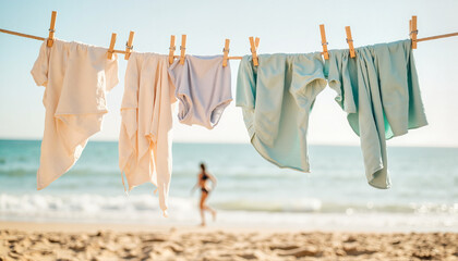 Wet swimsuits hanging on a clothesline by the beach with ocean in background  