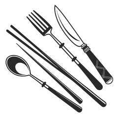 Fototapeta premium Black cutlery icons fork spoon chopsticks knife