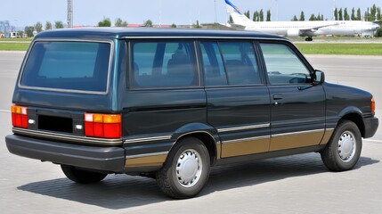 Black minivan parked on airport runway under sunlight with airplane taking off in background, top view perspective captures travel essence