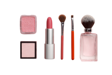Flat Lay of Makeup Products for Travel Use, Featuring Blush, Lipstick, Brushes, and Fragrance in Stylish Arrangement