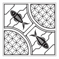 Black fish motifs on white background pattern tessellation