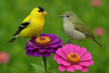 A Yellow Finch and a Gray Sparrow Perched on Pink Zinnias