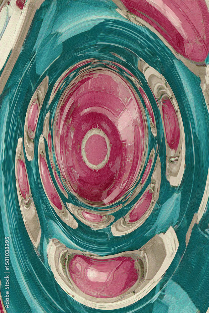 Poster abstract rendering of a tunnel with pink and teal colors in a swirling pattern
