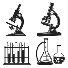 Black laboratory equipment silhouettes on white background