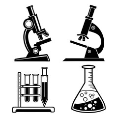 Black laboratory equipment icons microscope test tube