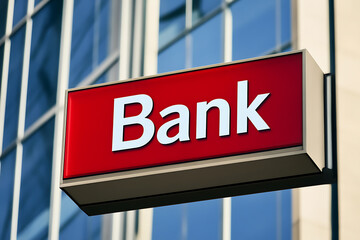 Obraz premium A red bank sign with white text. The modern building has a blue-tinted glass facade. The sign is mounted on the corner of the structure.