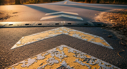 A rural road featuring weathered directional arrows and a speed bump at sunset highlighting transportation and safety