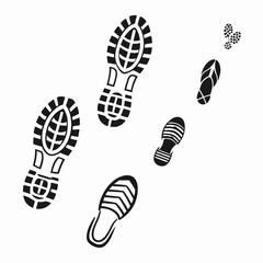 Black shoe sole prints walking across white shoe prints