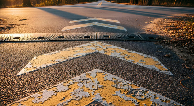 A rural road featuring weathered directional arrows and a speed bump at sunset highlighting transportation and safety