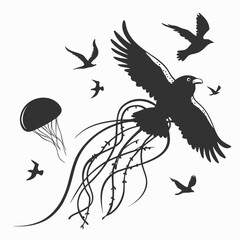 Black silhouette of a bird with long tentacles and jellyfish with flying birds
