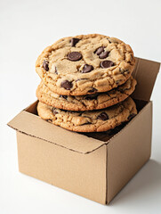 A delicious stack of homemade chocolate chip cookies and sweet baked biscuits are presented as a tasty dessert snack in a bakery box isolated on a white background
