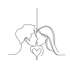 Couple kissing with heart in continuous line style