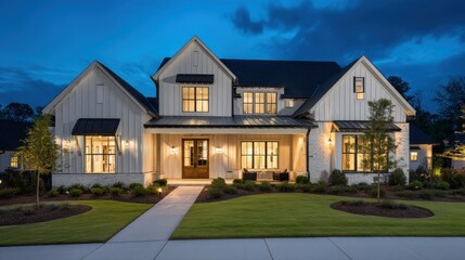 Illuminated Farmhouse Residence at Dusk