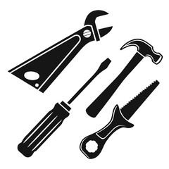 Black silhouettes of construction tools hammer wrench