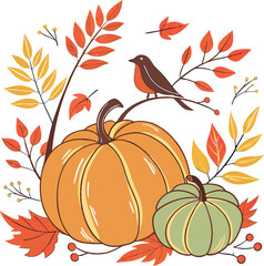 Orange pumpkins and autumn leaves create a vibrant fall harvest illustration, perfect for Halloween or Thanksgiving