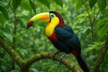A vibrant Toucan perches on a branch amidst lush greenery, showcasing its striking yellow beak and colorful plumage