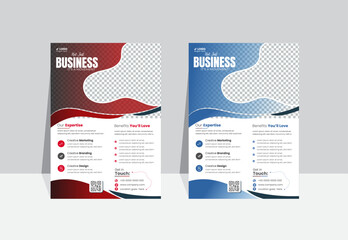 Modern creative A4-sized business flyer design template layout with organic red and blue shapes