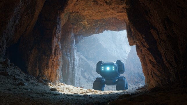 A robot stands in a cave entrance