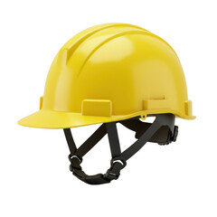 Fototapeta premium A bright yellow construction hard hat with a black adjustable chin strap, presented as a full object against a plain white, isolated background with shadowless studio lighting, slightly high angle