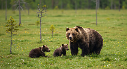 Brown Bear with Two Cubs in Meadow.