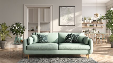Fototapeta premium Serene Mint Green Living Room Interior Design