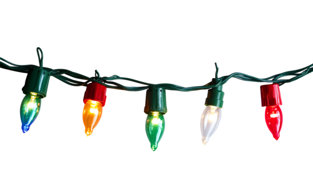 Colorful Christmas string lights glowing in the dark