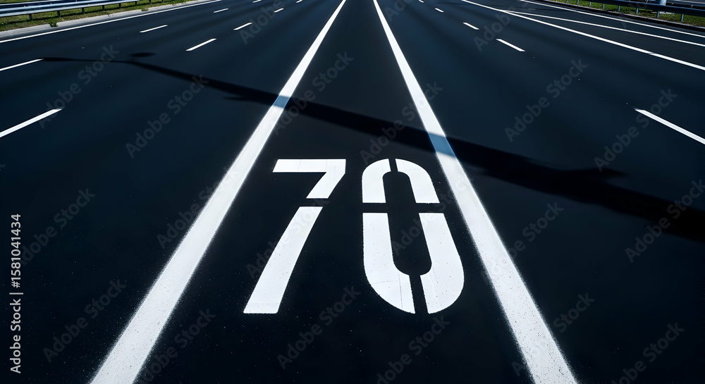 Poster a smooth highway with the white number 70 speed limit, lines and a shadow on asphalt surface