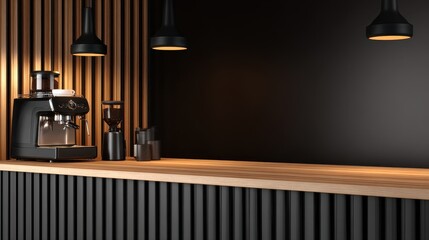 Obraz premium Modern coffee shop interior featuring sleek espresso machine and wooden counter with ambient lighting