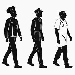 Chef police doctor silhouettes walking police officer