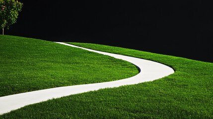 A sunlit path in the garden winds past a lush green soccer pitch where white lines mark the turf of a professional sports stadium ground