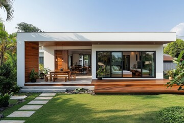 A small one-story house with an open space and terrace, located in the rice fields of Thailand.,in style photo shoot, white walls and wooden accents, green grass on both sides, modern architecture