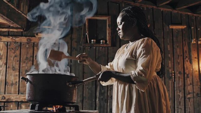 A large African cook wearing a headscarf cooks in a wood-burning oven. A Southern slave, in the atmosphere of the 19th-century American South, highlights the legacy of African culinary heritage.