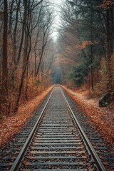 Fototapeta premium A straight single train track in a tunnel, view from almost out of the tunnel, sereine atmosphere, sunny day 