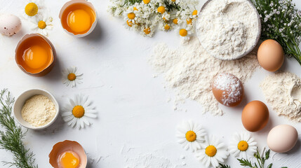 Healthy fresh eggs and yellow spring flowers on a kitchen table for holiday baking and natural Easter cake decoration