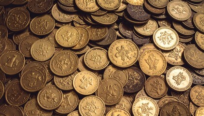 A close-up view of many golden coins