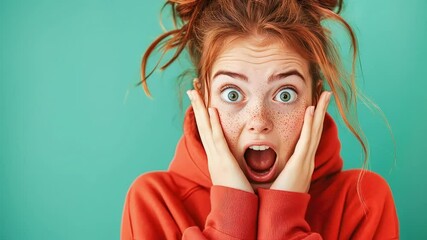 Young woman with vibrant red hair expressing surprise and excitement, hands on face, against a bright turquoise background, showcasing emotional reaction
