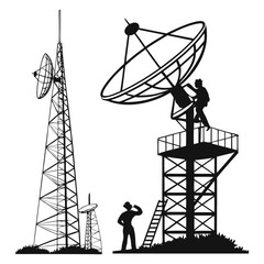 Communication towers with workers satellite dish radio tower