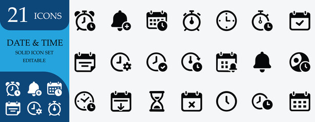 A solid black icon set of calendar, date, time, clock, reminder, schedule, alarm, planner, and more. Perfect for UI, apps, and time management