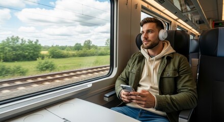 Relaxed young man listening to music on headphones while using smartphone during scenic train journey. Perfect for travel and technology lifestyle content.