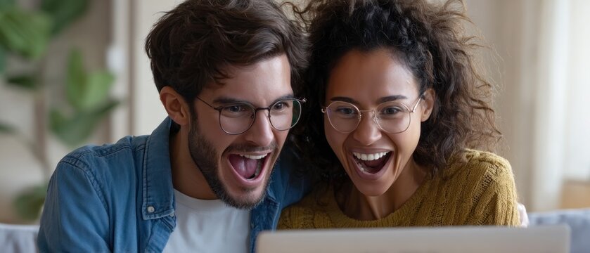 Excited Couple Looking at Laptop Screen