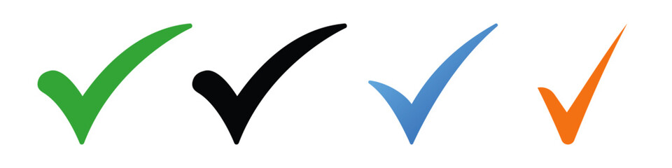 Different colour check mark, isolated tick symbols, checklist signs, and an approval badge. Flat and modern checkmark design, vector illustration.